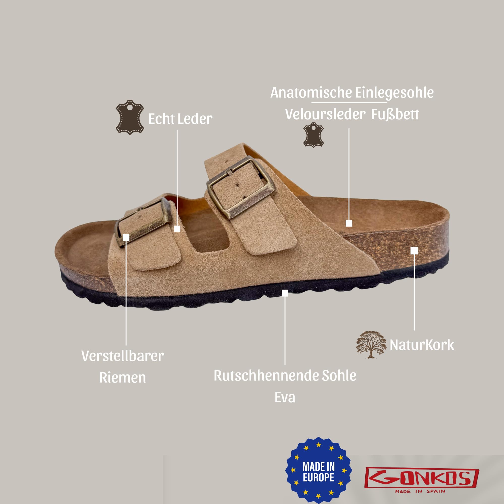 Ledersandalen mit Schnallen, Echtes Leder Pantoletten, Naturkork Sohle, verstellbare Schnallen am Fuß, Herren-Damen Sandalen, Qualitätssandalen, Made in Spain
