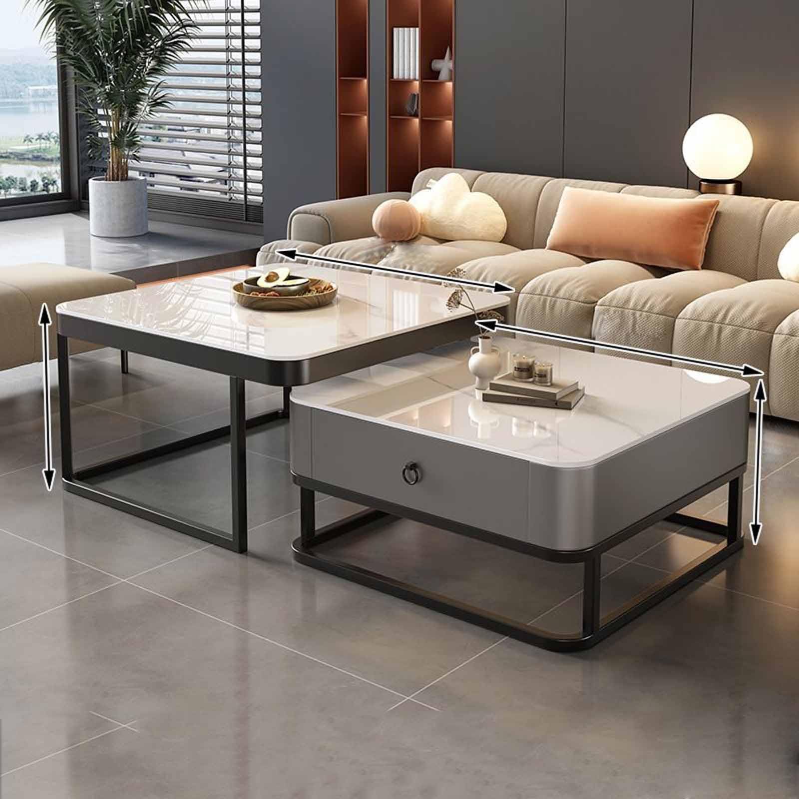 SXZenSpace Nesting Coffee Table Set of 2, Modern Square Stacking Tables with Drawer, Sintered Stone Top Metal Frame End Side Center for Living Room, Apartment, Small Space,Gray