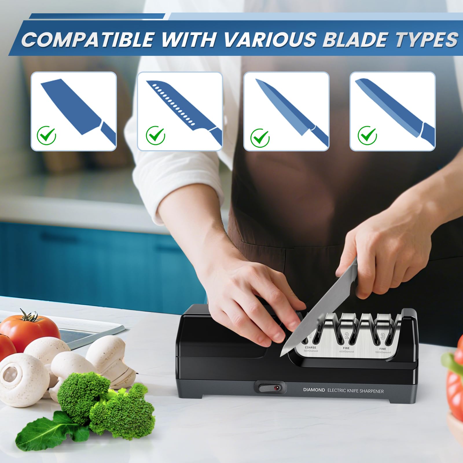 Afilador de Cuchillos Eléctrico Profesional con 3 Niveles, ángulos de afilado perfectos para hojas de 20°, para afilar y pulir, para cocina, caza, uso profesional y cuchillos de hoja dentada