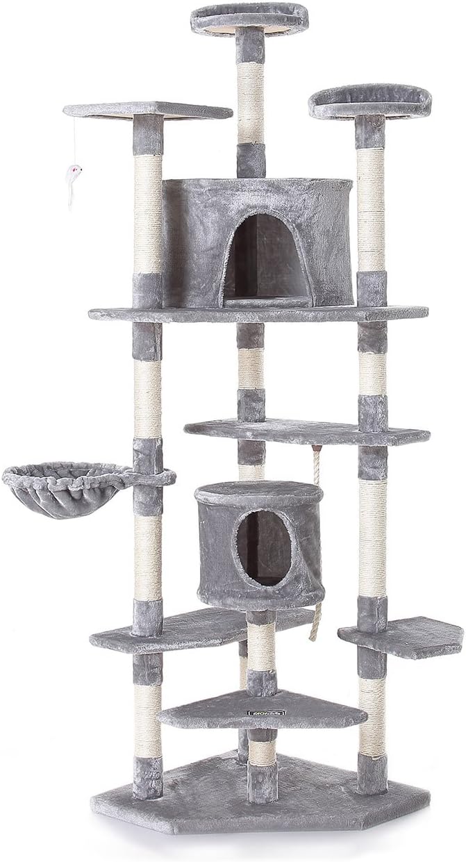 zoomundo Large Cat Tree Climbing Tower Tree Cat Scratching Post Scratcher Activity Centre with Platforms 204 cm in Grey