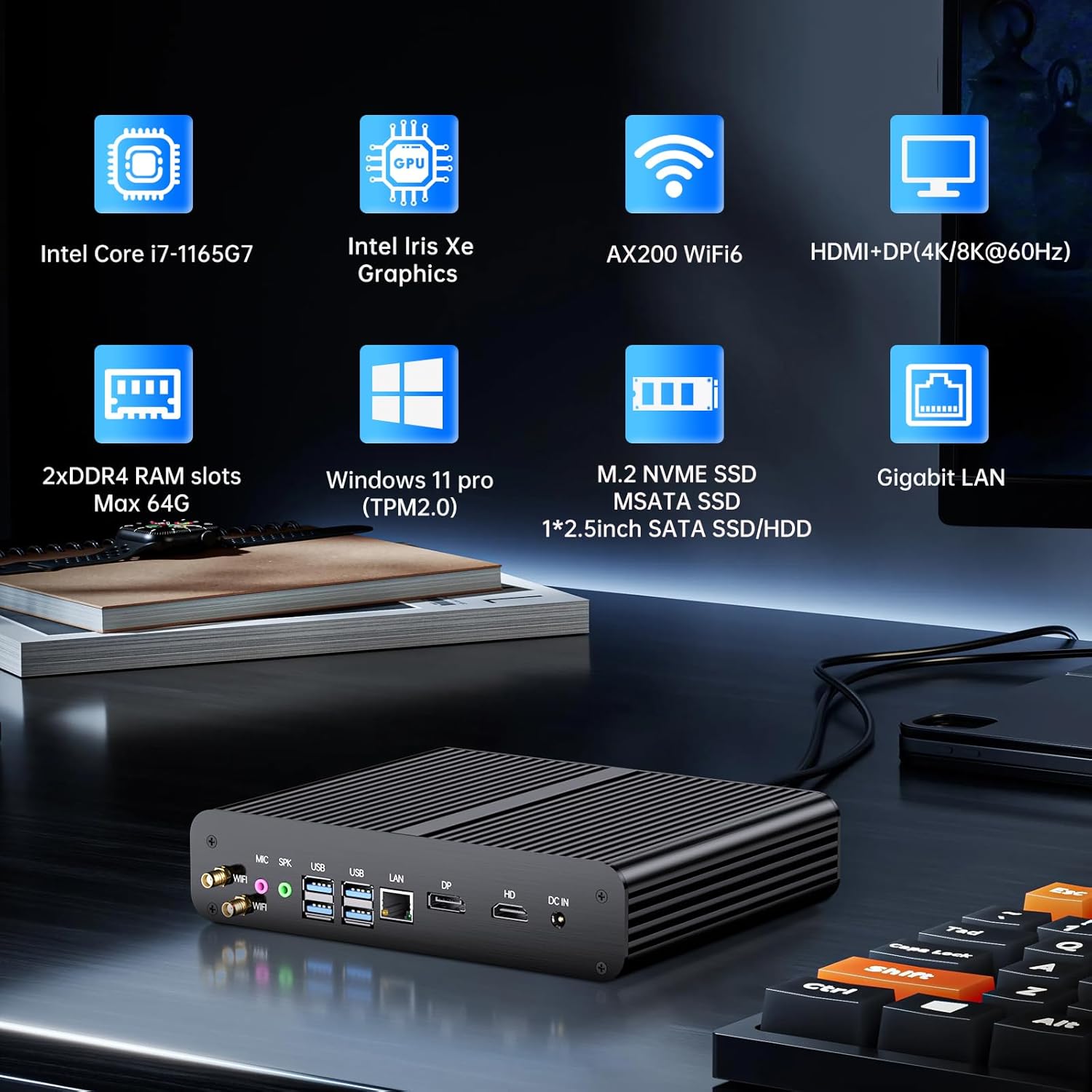 Fanless Mini PC, Desktop Computer i7-1165G7 2.8-4.7GHz, Win-11 Pro, 32G DDR4, 1T NVME SSD, Iris Xe Graphics, HD/DP, Dual Display, 8K/4K@60Hz, WiFi6, BT5.2, VESA, WOL, Full Metal Case