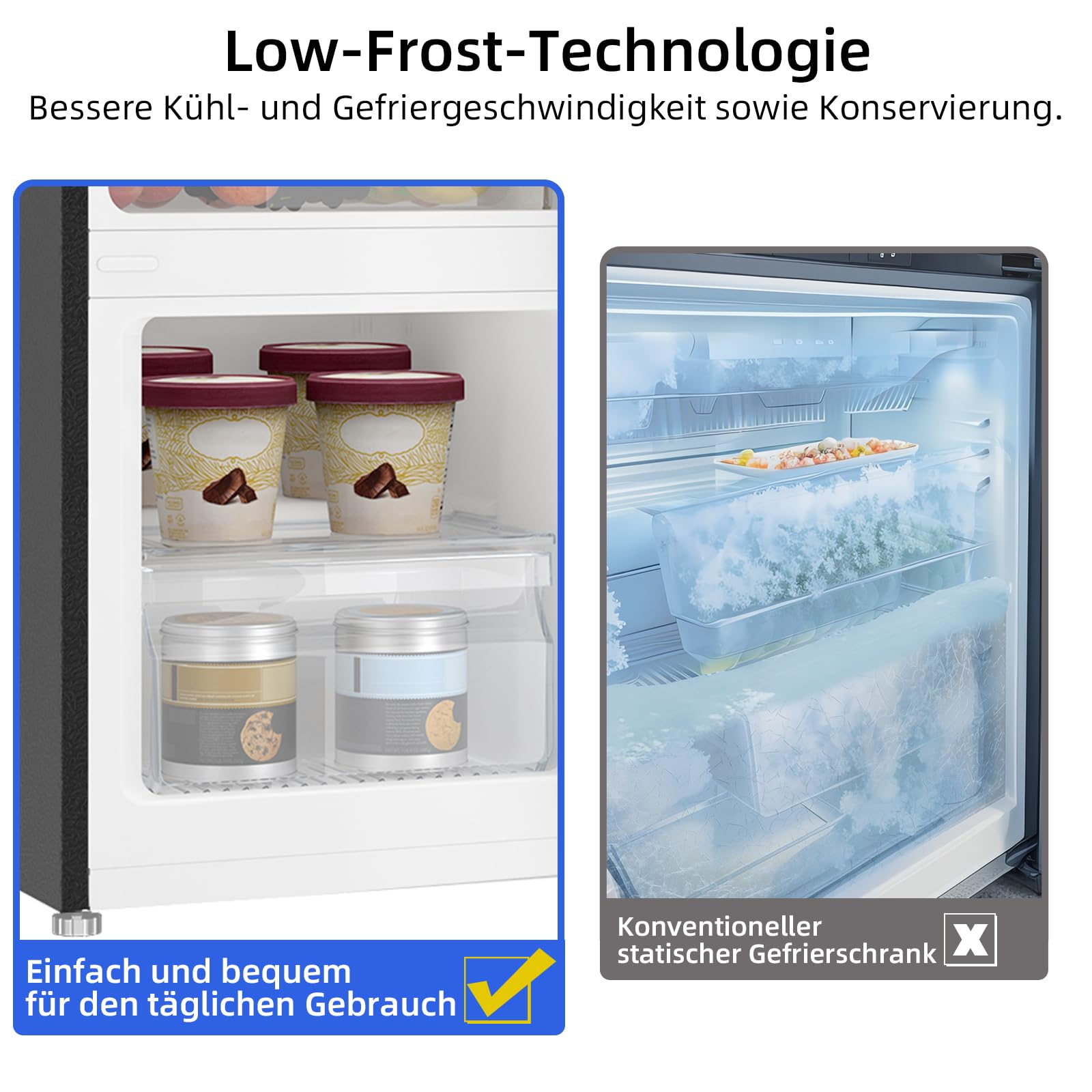 CHIQ Freistehender Kühlschrank mit Gefrierfach Kühl-Gefrierkombination 114 cm 47 cm 117L 4 Sterne -24℃ LED Dunkler Edelstahl
