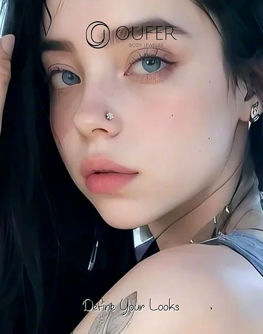 OUFER 925 Sterling Silver Nose Rings, Flower Nose Studs, Cute Nose Nostril Piercing Jewelry, Screw Shaped 20G Silver Nose Rings Studs for Women Men