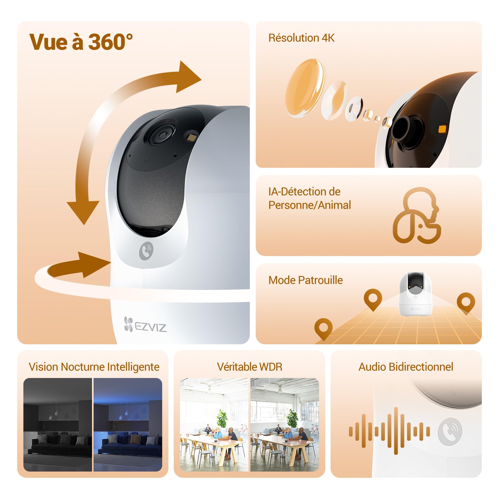 EZVIZ C6N G1 4K Caméra Surveillance WiFi Intérieure 360° Vision Nocturne Couleur WDR