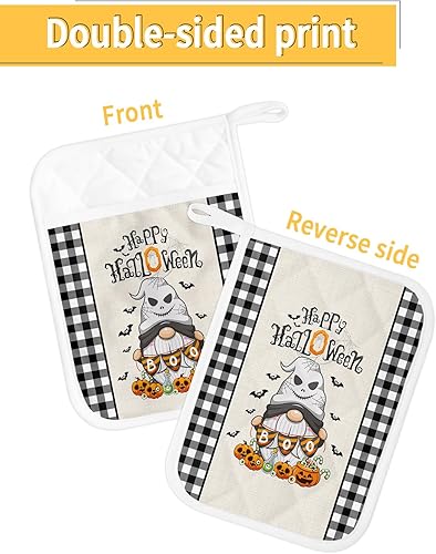 Miniatura 2 de Juego de 2 soportes para ollas de Halloween para cocina, antideslizantes y aislantes de calor, juego de agarraderas de tela de toalla con bolsillo,