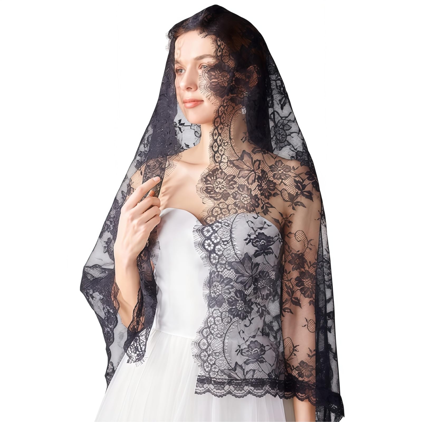 TouKingda Black Mantilla Veil for Mass Floral Lace Catholic Head Covering Scarf Shawl for for Women Church Headband Latin Mass Veils for Funeral Wedding Bride