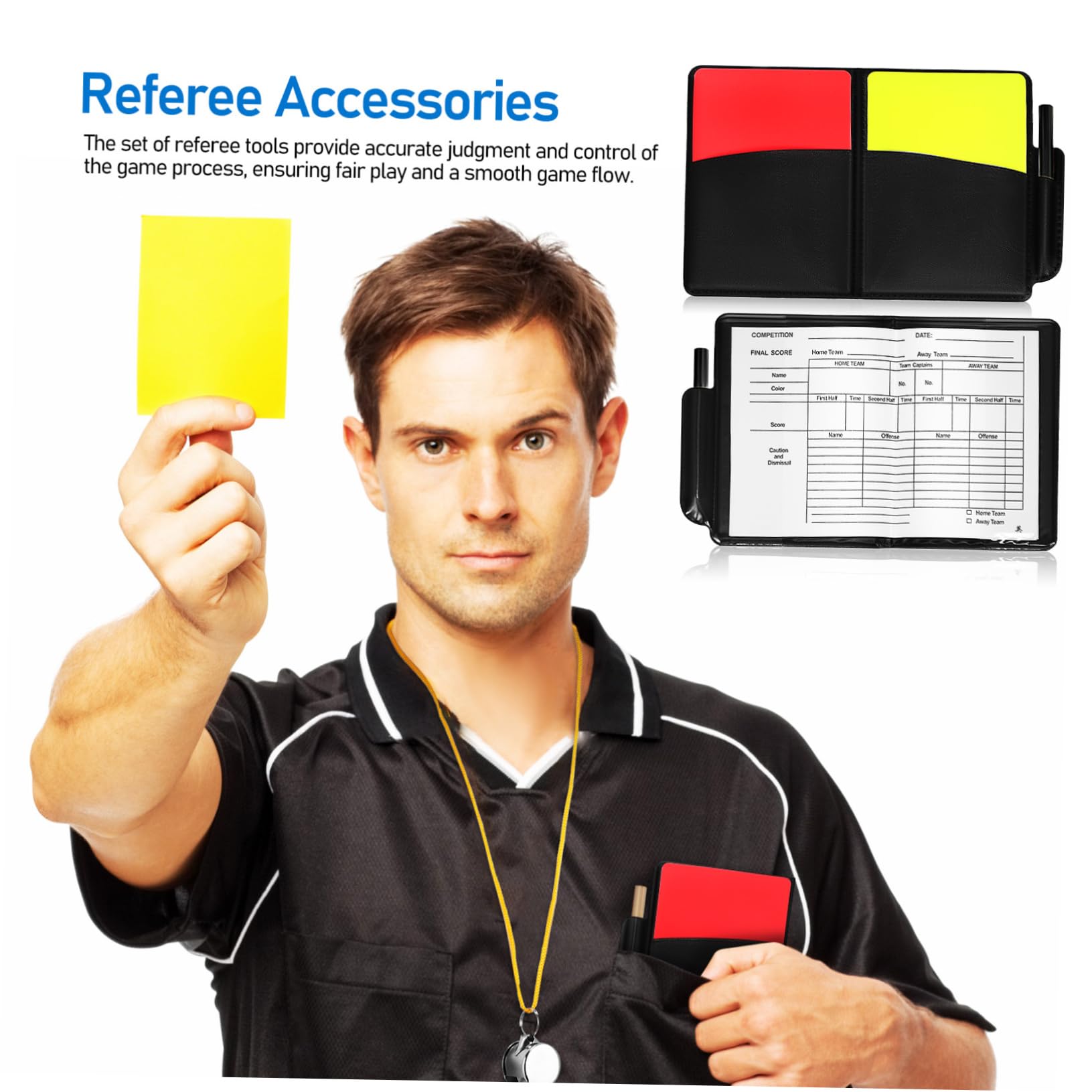 ibasenice 3 Set Carte di Avvertimento di Calcio Arbitro di Calcio Cartellini Rossi e Gialli Formazione Fischietti con Cordino Kit Arbitro Bandiere Calcio Rosso Poliestere