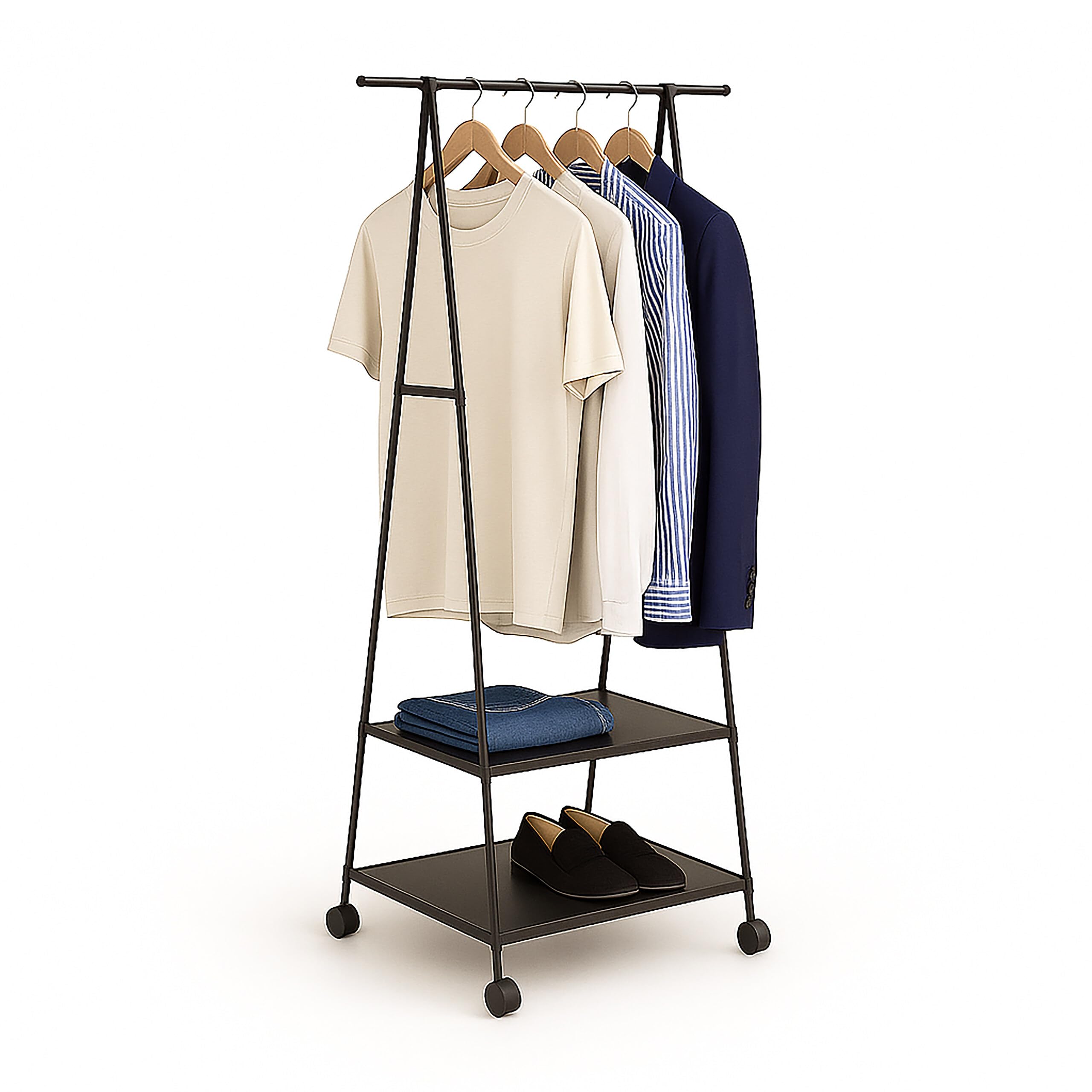 Relaxdays clothes rack, with wheels & 2 shelves, HxWxD: 160 x 55 x 42 cm, metal, fabric, garment rack, black