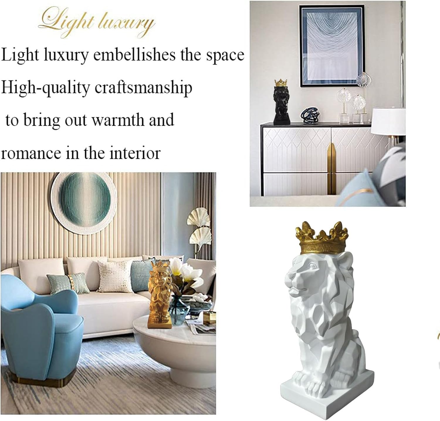 Crown Lion King Statue sculpture lion statues Nordic Style Home and Study Decoration lion decor Abstract Geometric Sculptures Resin Animal figurines Indoor and Home Office Gifts ,White b,8*12*23cm