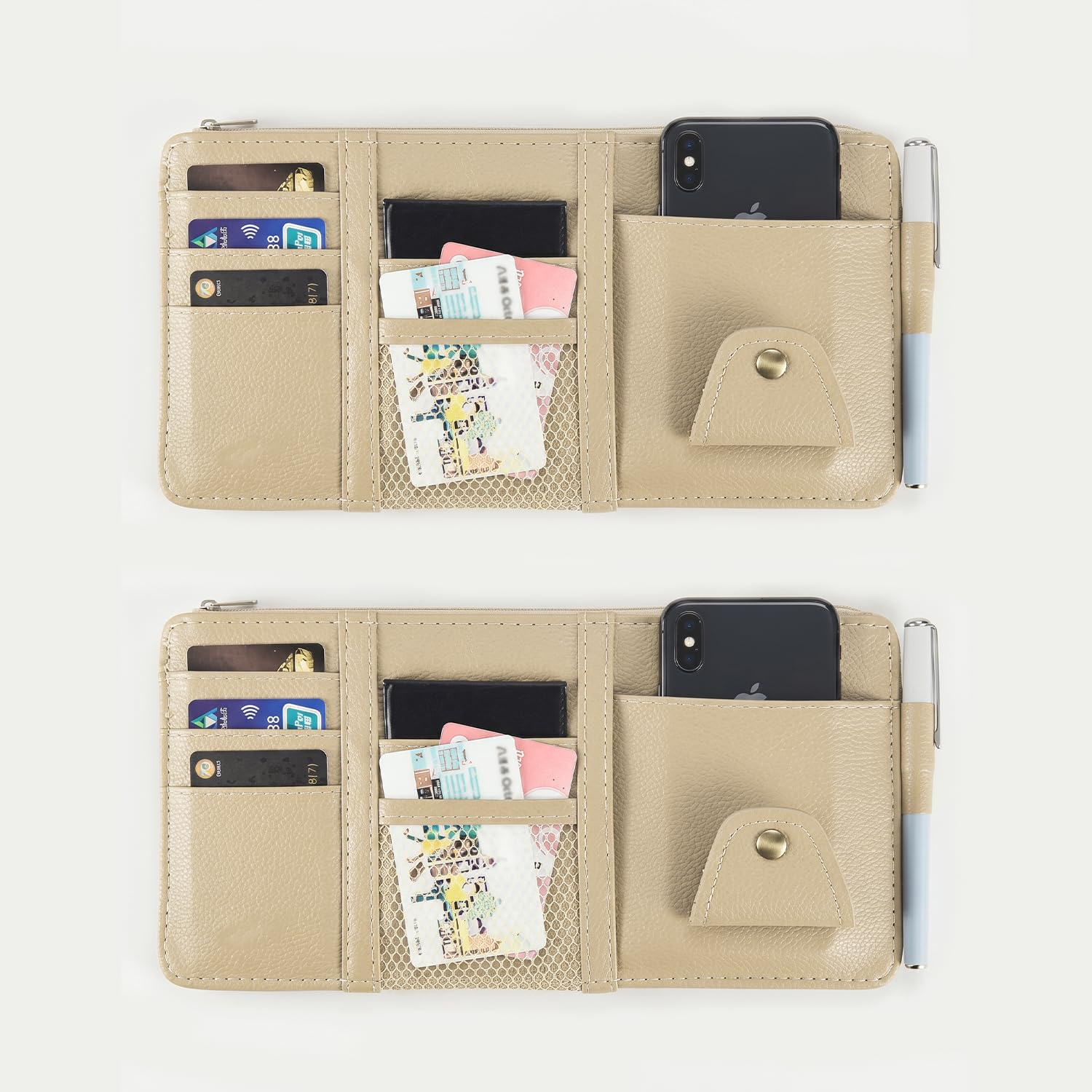 Car Sun Visor Organizer - PU Leather Storage Pouch, Universal Auto Interior Accessory for Sunglasses, Pens, Cards & Documents, Durable Multi-Pocket Zipper Holder, (Beige, 2 Pack)-image-32