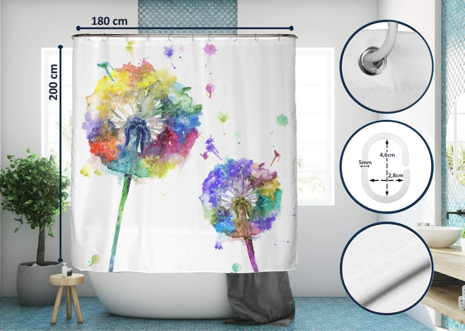Douchegordijn, paardenbloem douchegordijnen voor badkamer, Extra lang gewogen waterdichte anti-schimmel badkamer gordijnen met 12 haken, 3D outdoor stof douchegordijn badkuipen decor, W180cm x L240cm