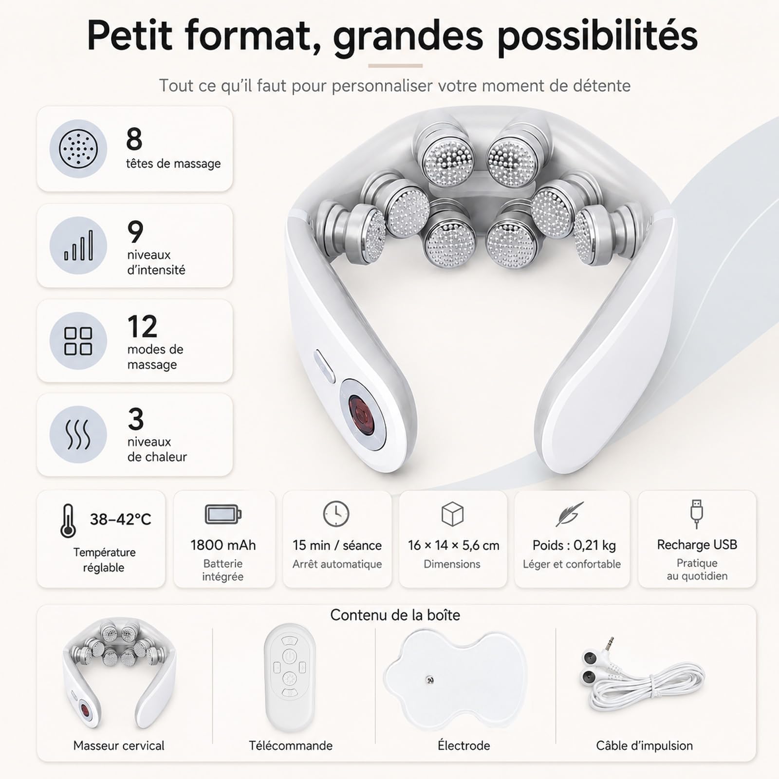 Masseur cervical 1800mAh 8 têtes de massage Conception ergonomique Massage multimodal Détendre les muscles du cou Blanc