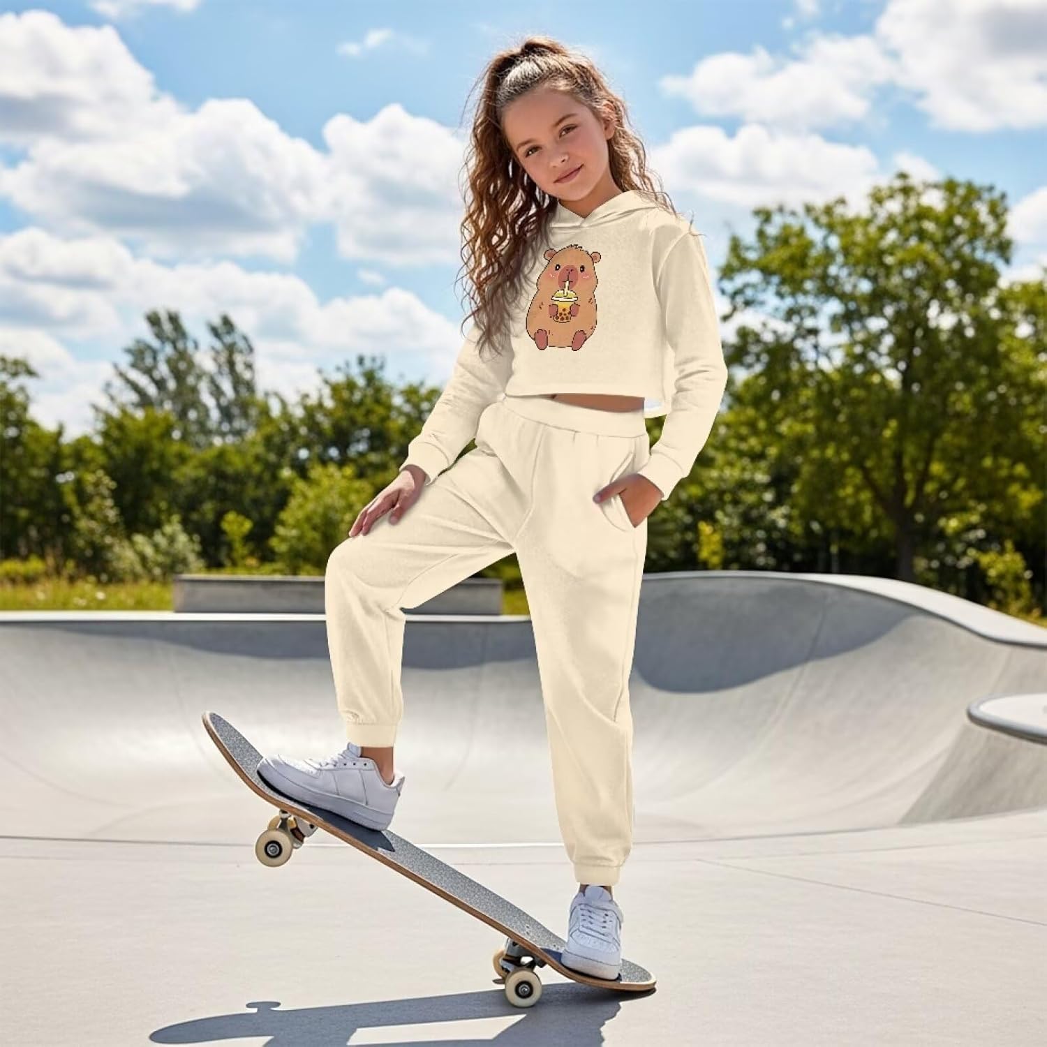 Girls Clothing Sets Cute Sweat Set Size 4-13 Fashion Animal Hoodie Kids Crop Top Tapered Pants Fall Winter Spring