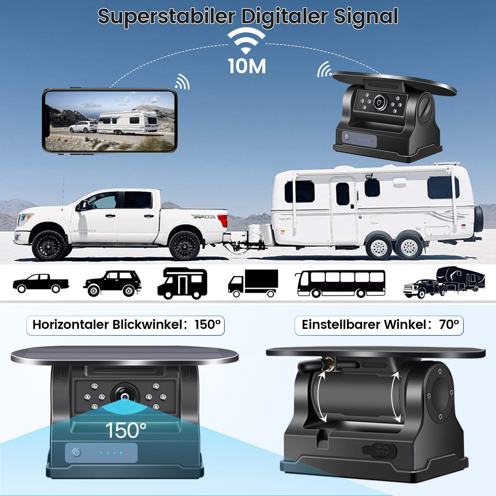 Solar WiFi Rückfahrkamera Drahtlose Magnetisch Rückfahrkamera,FHD 1080P IR Nachtsicht BSD Intelligente Erkennung IP69K wasserdicht,Für iPhone Android,Parkhilfe Auto, Wohnmobil, Anhänger