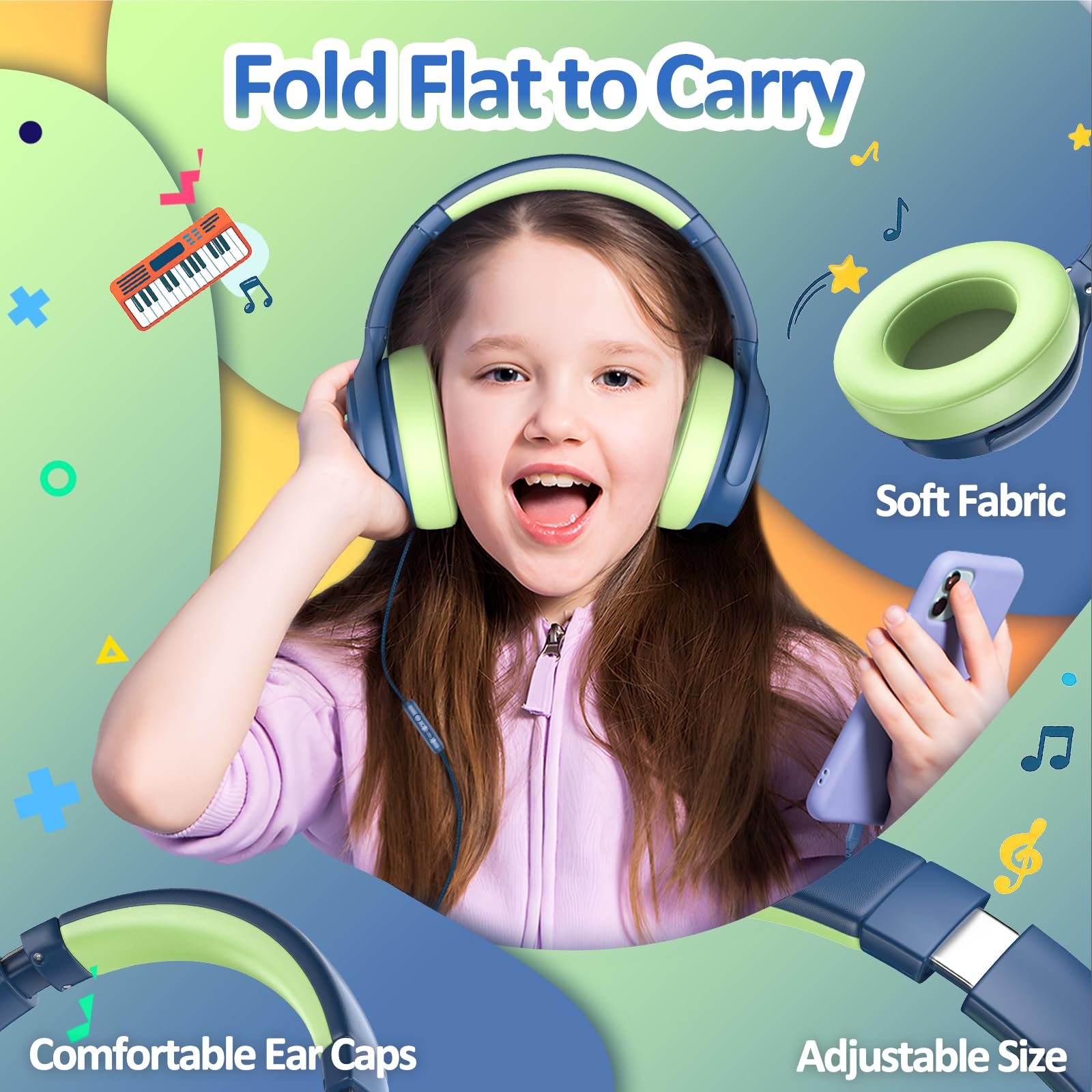 Auriculares USB C para niños, auriculares con cancelación activa de ruido para niños, volumen seguro, micrófono HD, sonido estéreo para niñas y niños, cable sin enredos para tablet, laptop, escuela