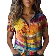 Floral Print Short Sleeve Linen Shirt for Women Women Cotton Shirt Printed V Neck Button Down Casual Tops Short