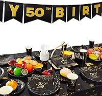 Vista 5 de Gatherfun 50th Birthday Napkin Disposable Paper Napkins Black and Gold Party Decorations Tableware for Men Woman 50 Birthday Party（6.5X6.5in, 3-Ply