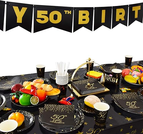 Miniatura 5 de Gatherfun 50th Birthday Napkin Disposable Paper Napkins Black and Gold Party Decorations Tableware for Men Woman 50 Birthday Party（6.5X6.5in, 3-Ply
