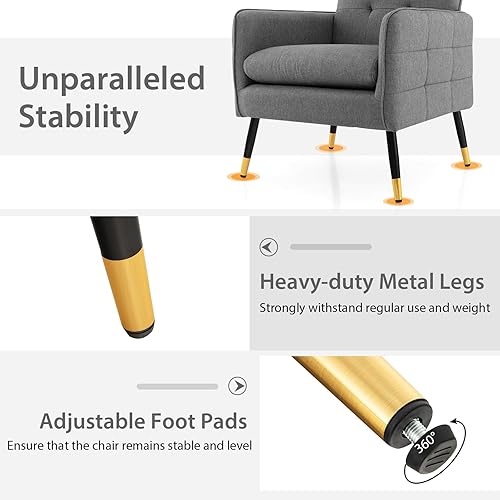 Miniatura 14 de Giantex Silla decorativa moderna de mediados de siglo, sillón tapizado con respaldo copetudo, patas de metal, almohadillas ajustables, sofá