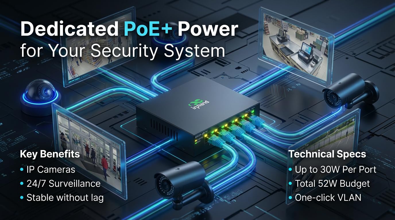 InHand Networks Switch PoE+ 5 Ports Gigabit (4X PoE+ @ 52W), Commutateur Ethernet Non Géré, Boîtier Métal, Fanless (Silencieux),VLAN Un Clic | Plug & Play pour Caméras IP, VoIP, TPE & Home Office