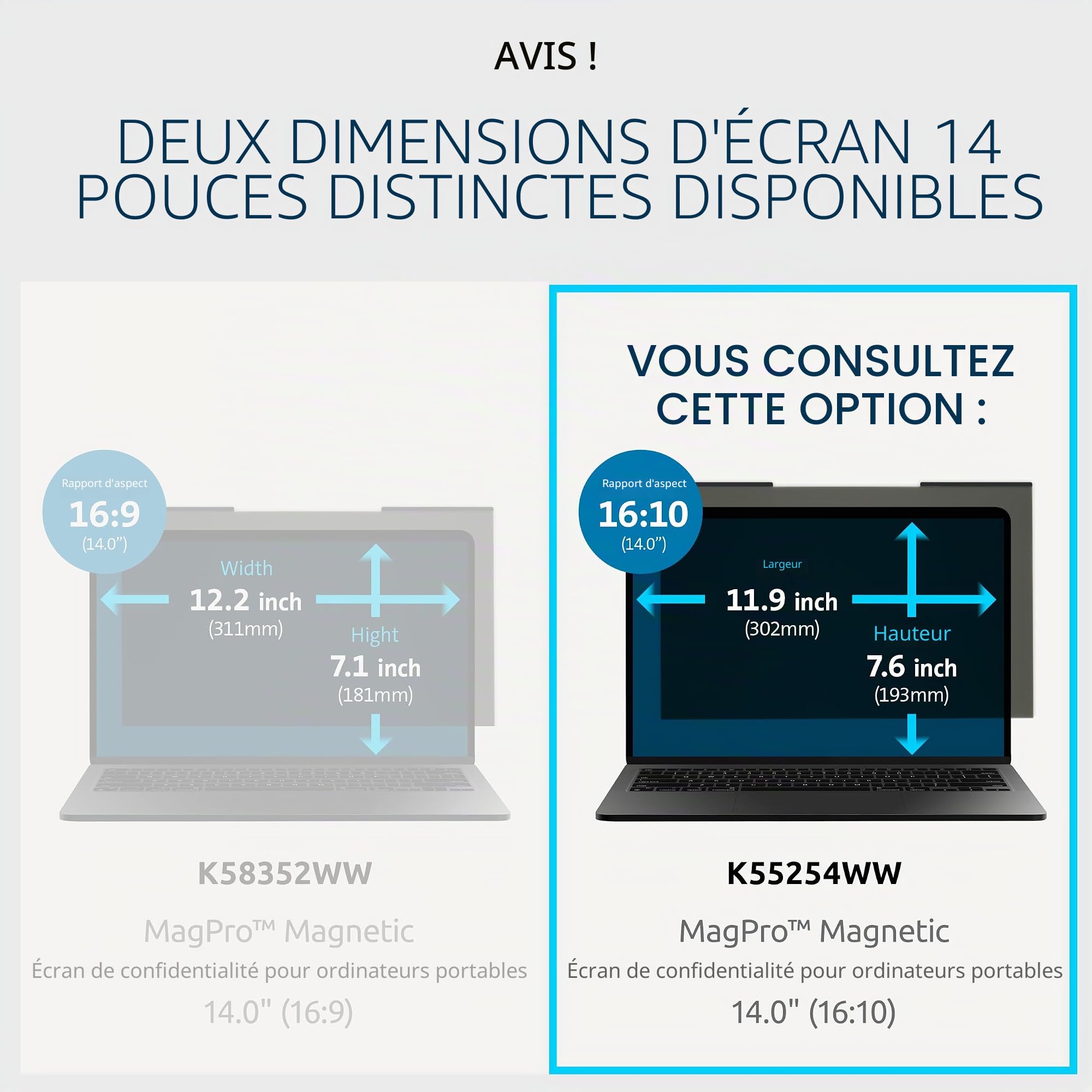 Kensington filtre de confidentialité magnétique MagPro pour écran 14'' (16:10), anti-reflets, anti lumière bleue, compatible avec les PC portables Lenovo ThinkPad, HP, Dell, K55254WW