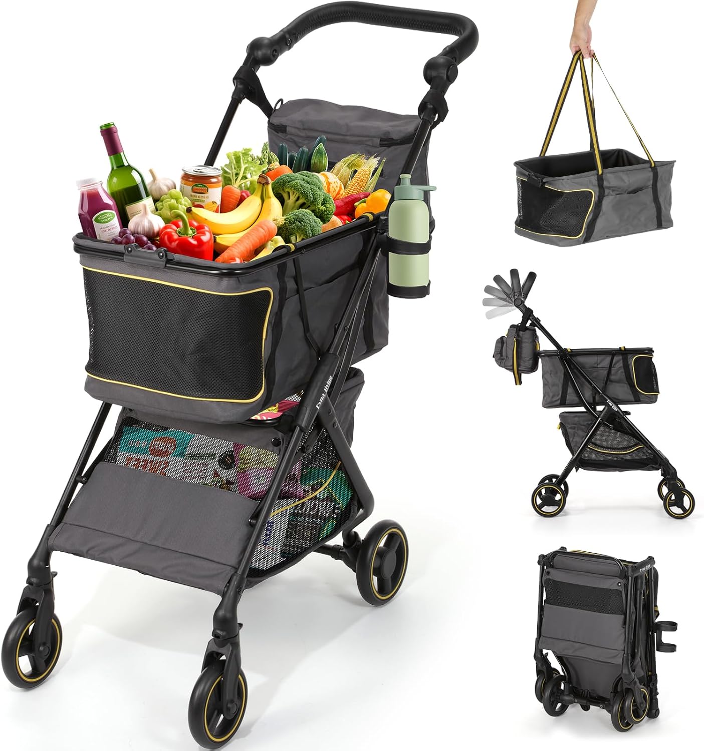 Dyna-Living Foldable Shopping Cart with Wheels 70 LBS Load-Capacity Personal Folding Grocery Cart 2 Tier Collapsible Portable Shopping Stroller Height-Adjustable Handle, 360° Swivel ER Wheels, Grey Gray