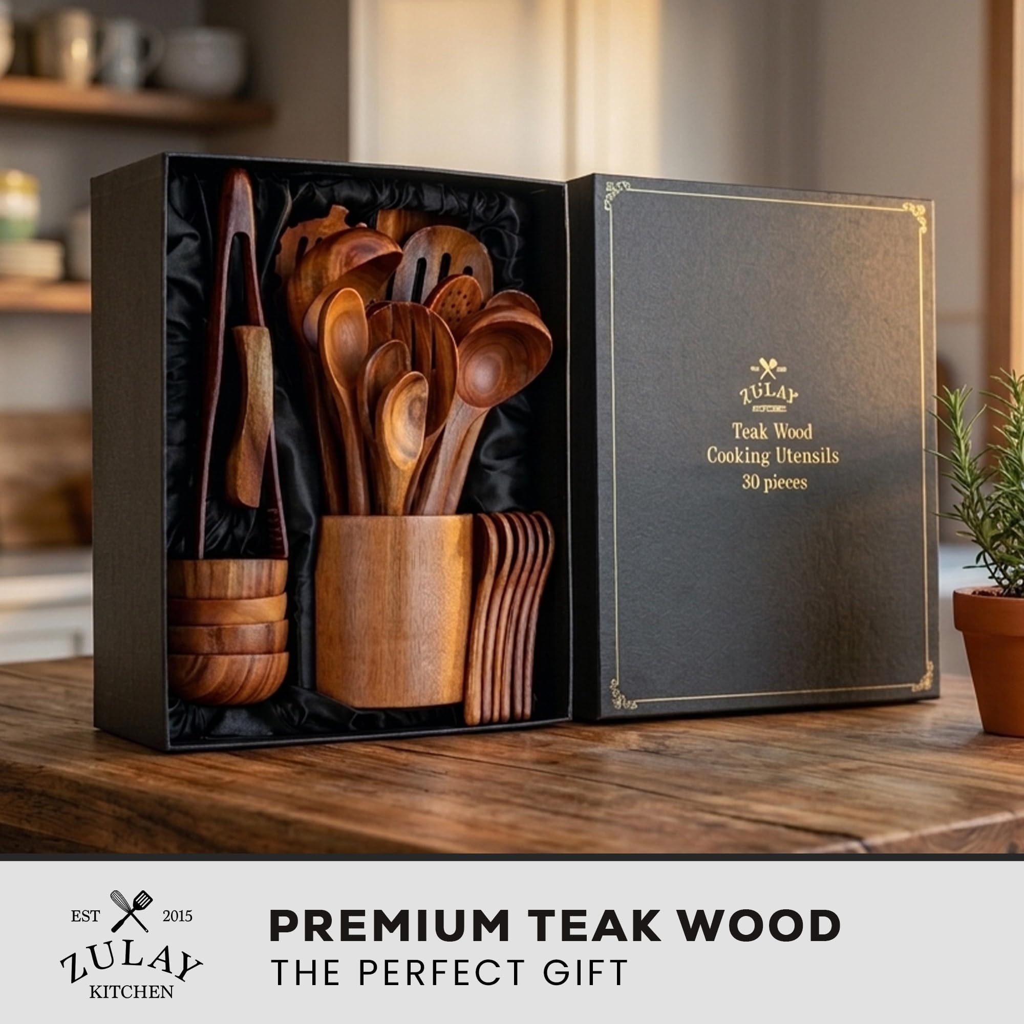 Zulay Kitchen 30 utensili in legno di teak per cucinare, set di utensili in teak naturale con confezione regalo di alta qualità, cucchiai in legno antiaderenti per cucinare, set regalo da cucina, set