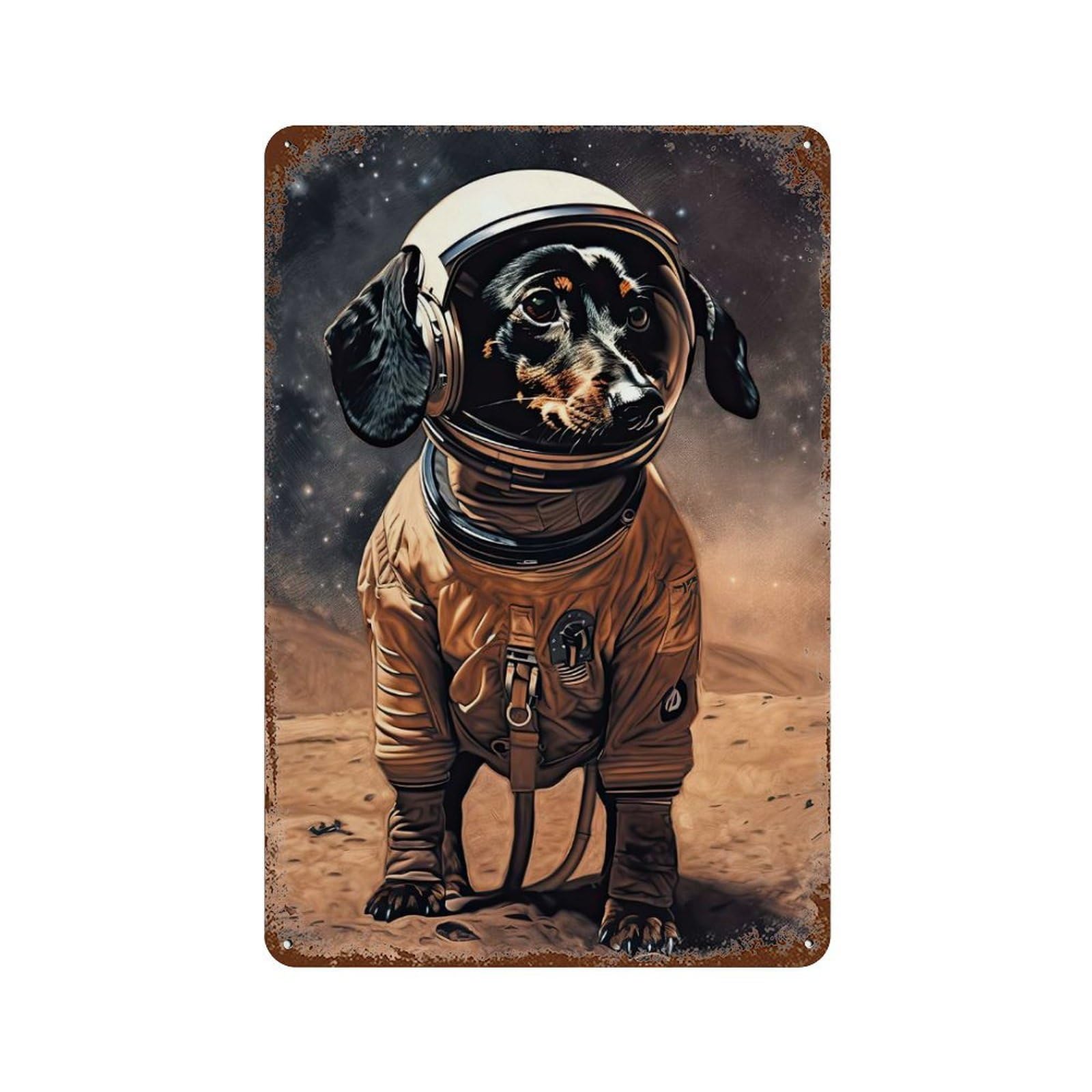 Aged Metal Wall Plaque with Dachshund Astronaut Mars Design 11.8"x7.9", for Pub, Kitchen And Man Cave Decor, Shabby Chic Decor