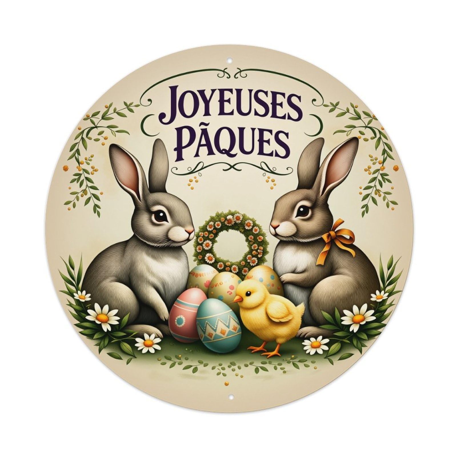 Happy Easter Bunny Chick Eggs Wreath Flowers Round Vintage Tin Sign,Retro Wall Art,Metal Poster for Home, Bar, Garage, Cafe, Rustic Indoor & Outdoor Decor, 8x8 Inches