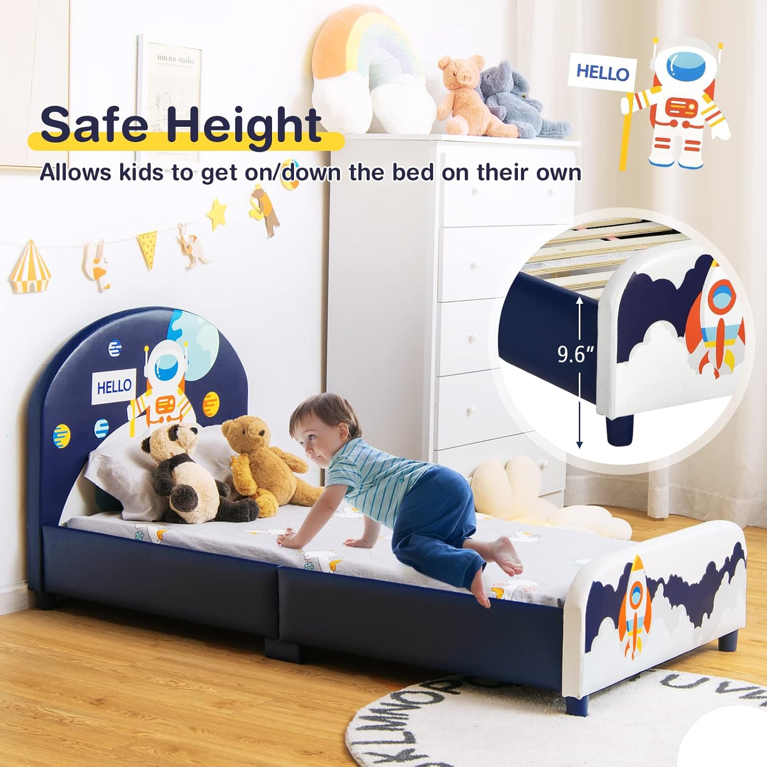 HONEY JOY Twin Bed Frames for Kids, Toddler Wooden Twin Bed Platform with Headboard & Slat Base, No Box Spring Needed, Children Bedroom Furniture for Boys Girls, Fits Standard Twin Mattress, Astronaut