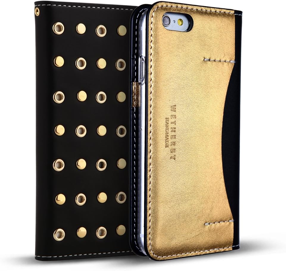 iPhone 6s Case / iPhone 6 Case (4.7") DesignSkin WETHERBY [STUD] Luxurious Style 100% Handcrafted Genuine Leather ID Credit Card Slot Paper Bill Storage Folio Flip Wallet Case (Black)