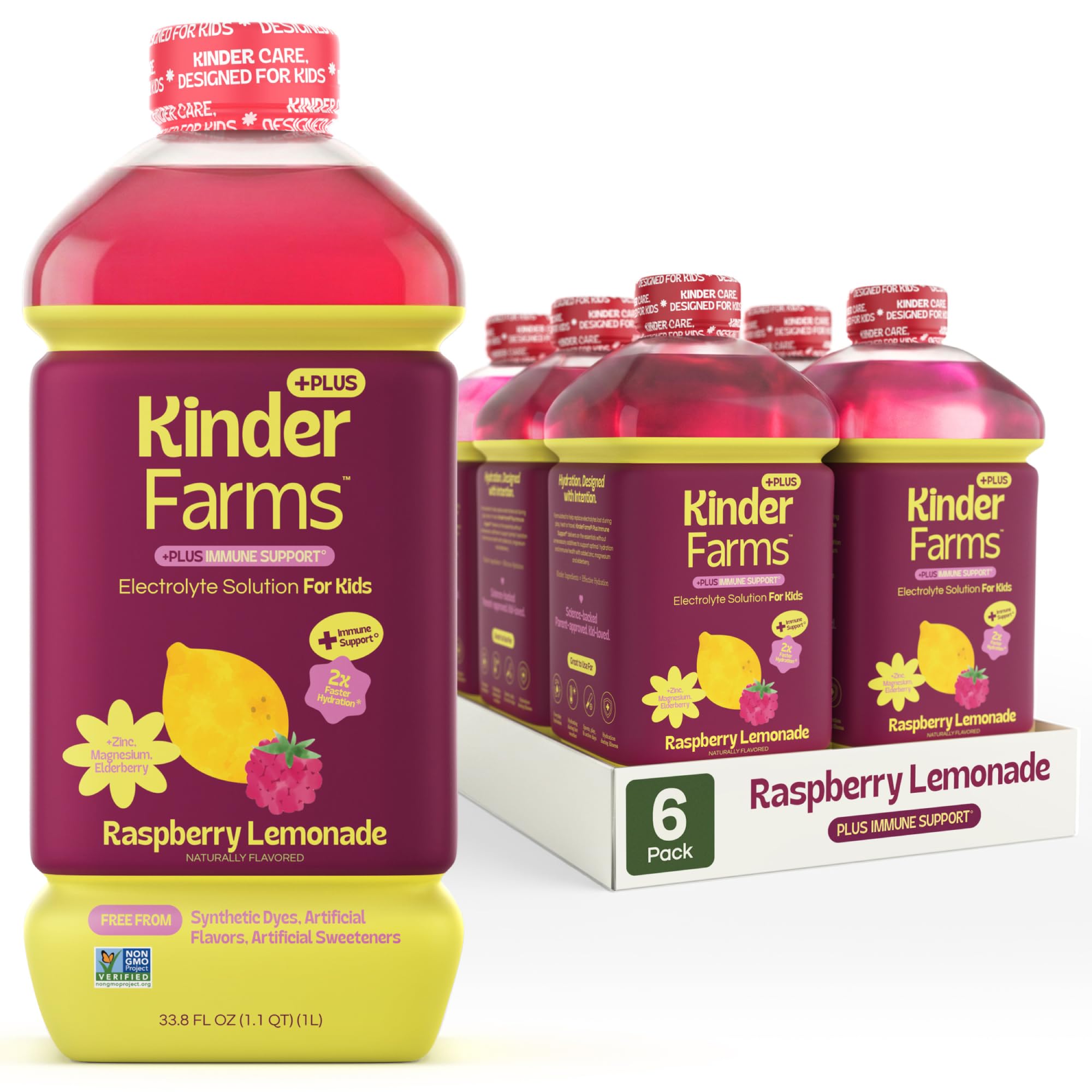 KinderLyte Plus Immune Support Electrolyte Solution – Raspberry Lemonade (6 Pack), Hydration Drink for Kids & Adults, No Artificial Sweeteners or Flavors, No Synthetic Dyes, Vegan, Non-GMO, Gluten-Free