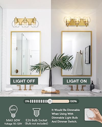 Miniatura 2 de VL195-GD-3 - Lámpara de tocador de baño de 3 luces de oro cepillado, apliques de pared modernos con pantalla de globo de vidrio transparente, luces