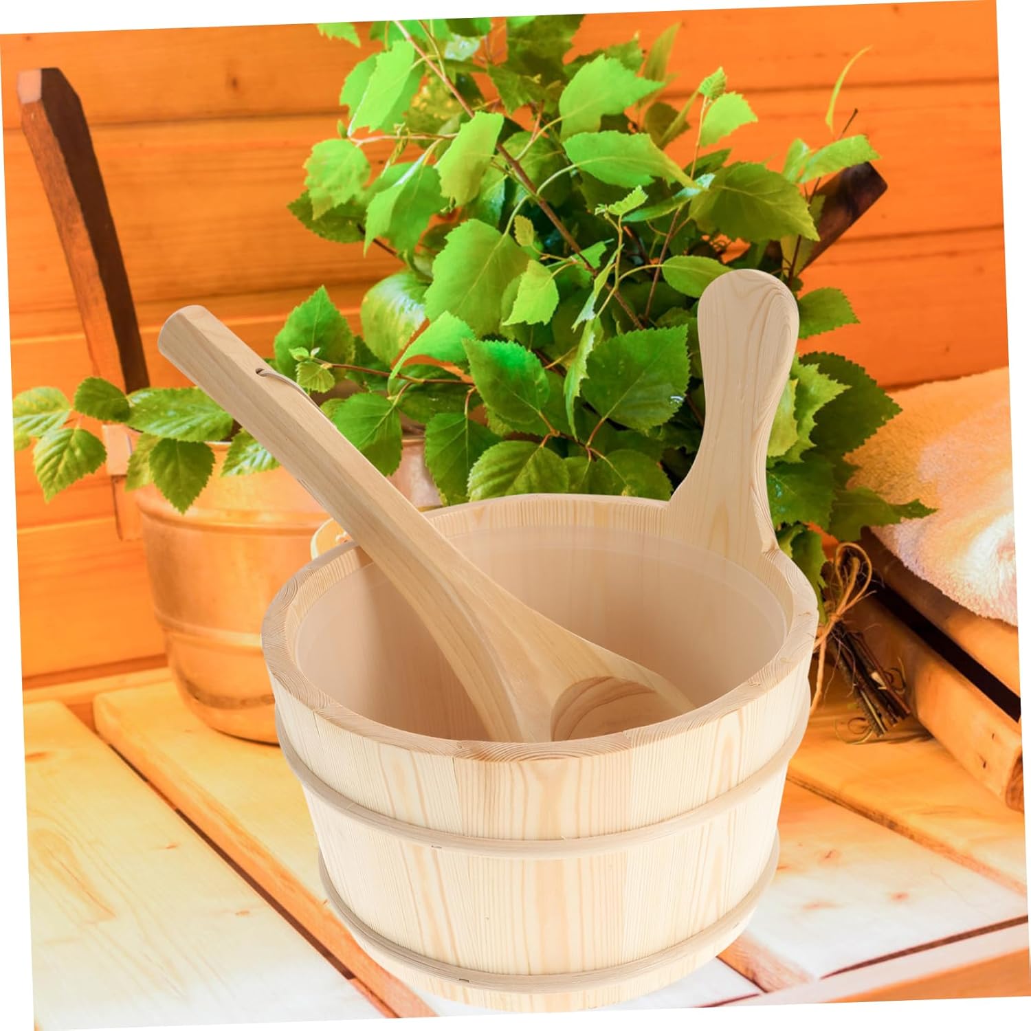 Accessory Wooden Sauna Bucket and Ladle Bath Barrel Set for Steam Room