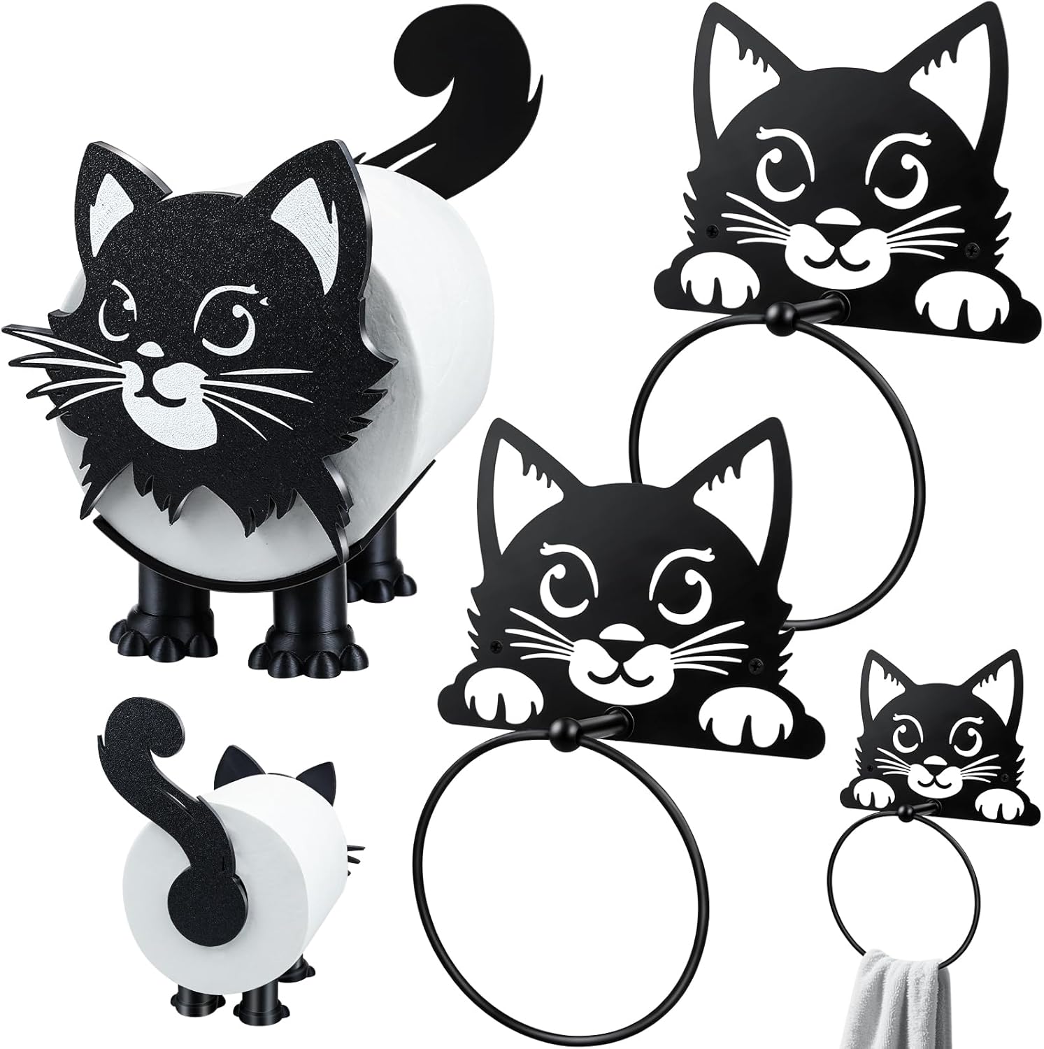 3 PACK Cat Toilet Roll Holder And Cat Metal Towel Ring 3D Printed Black Cat Paper Towel Holder Cat Bathroom Decor Funny Toilet Paper Holder Cat Bathroom Set of 3 Christmas Thanksgiving Gifts for Women