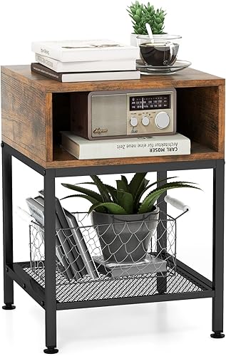 Tangkula Mesa auxiliar cuadrada, mesa auxiliar de sofá con parte superior de madera de 16 pulgadas con marco de metal, cubo de almacenamiento y