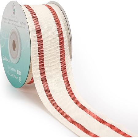 CT CRAFT LLC Natural Cotton Ribbon with Stripe 1-1/2 inch (38mm) x 10 Yards. Christmas Natural Ribbon Decorative for DIY Crafts and Gift Wrapping - Ivory/Red