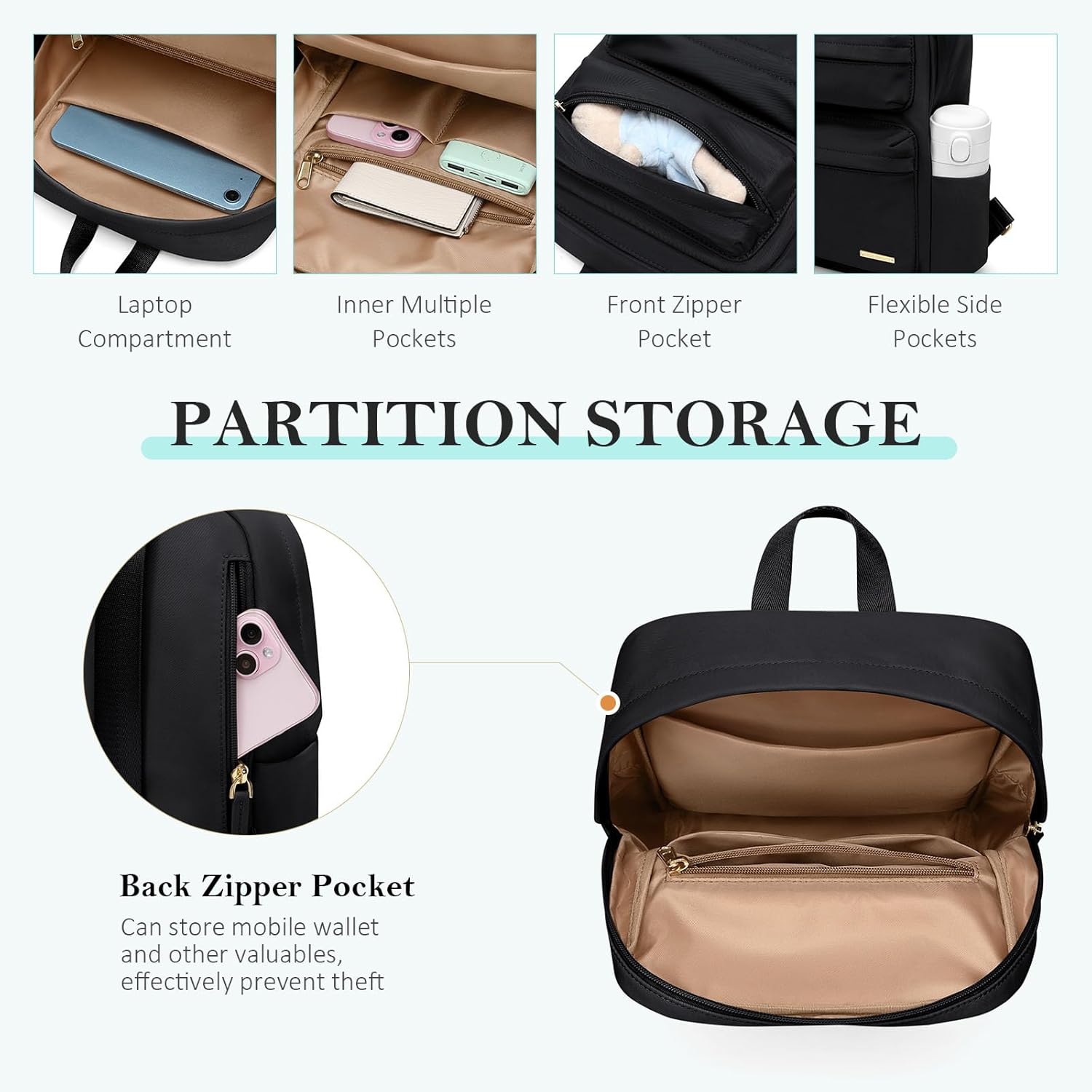 Mini Backpack for Women Lightweight Small Waterproof Backpack Purses Daily Daypack,fit 10.2Inch iPad,Black - Image 3