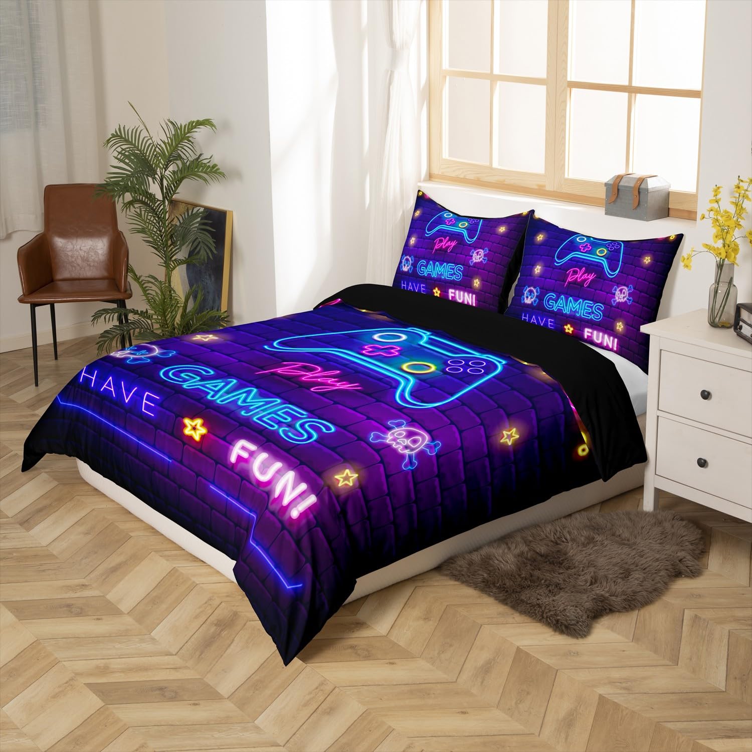 Homemissing Set di biancheria da letto per bambini, ragazzi e ragazze, con motivo videogiochi, con motivo videogiochi, colore: blu/viola, stile retrò, per camera da letto, 3 pezzi, per letto super