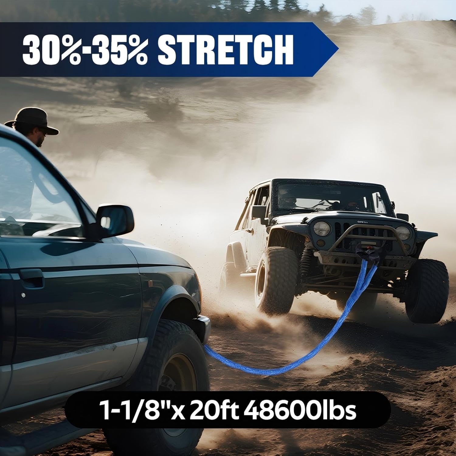 Kinetic Recovery Rope 1-1/8" x 20ft, 48600lbs Heavy Duty Kinetic Tow Rope with Soft Shackles, 30+% Elasticity Offroad Tow Straps for ATV UTV Trucks SUV Tractor Car Jeep, Blue