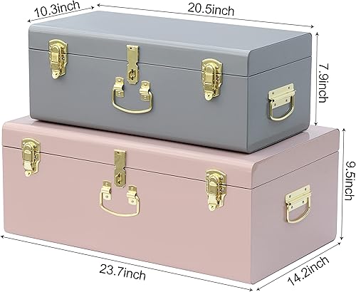 Miniatura 2 de Vixdonos Juego de 2 cajas de almacenamiento decorativas de metal para maletero con agujero de cerradura 237 x 142 x 95 pulgadas gris y rosa