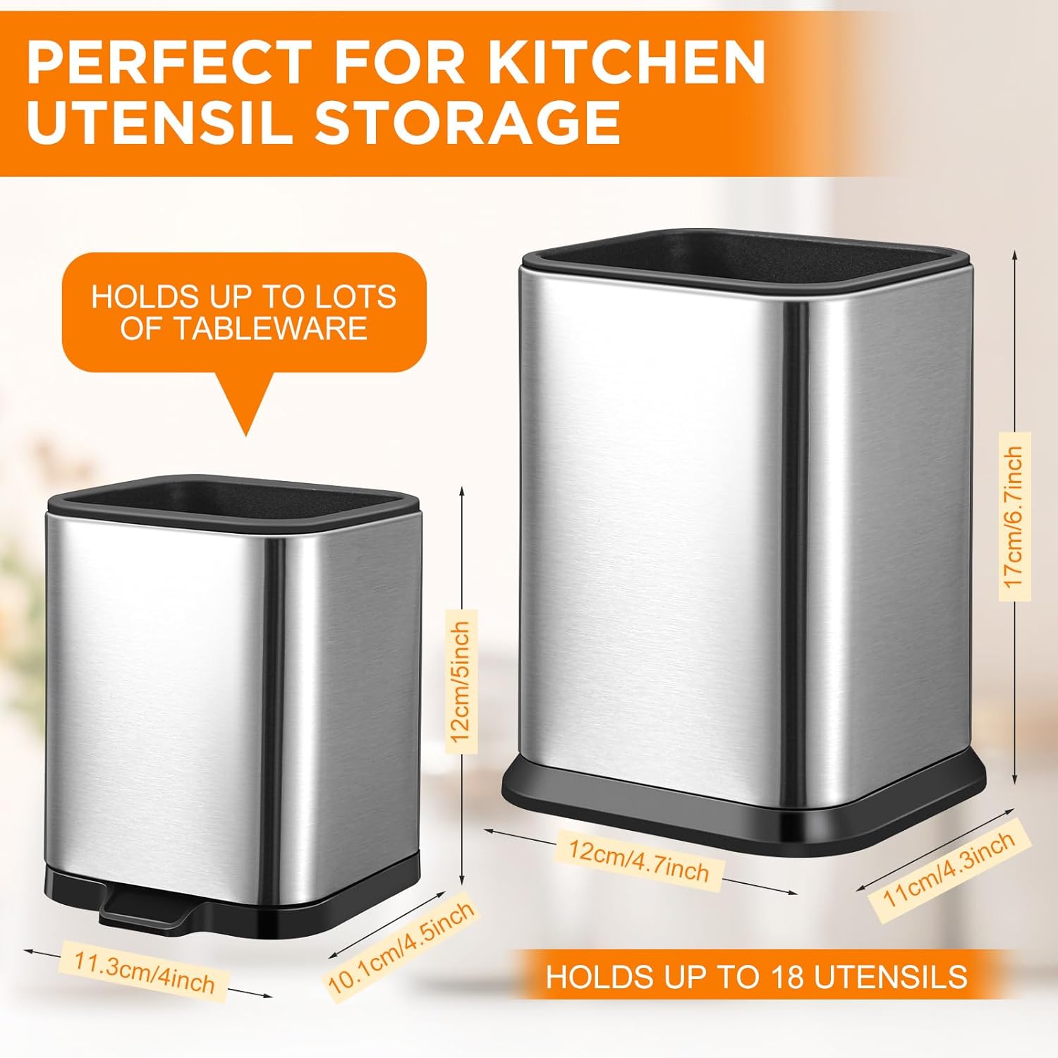 2 Pcs Kitchen Utensil Holder for Countertop Stainless Steel Utensil Caddy, Spoon Spatula Organizers with Drainage Holes Small Flatware Utensil Crock for Kitchen Counter, Silver(Square)