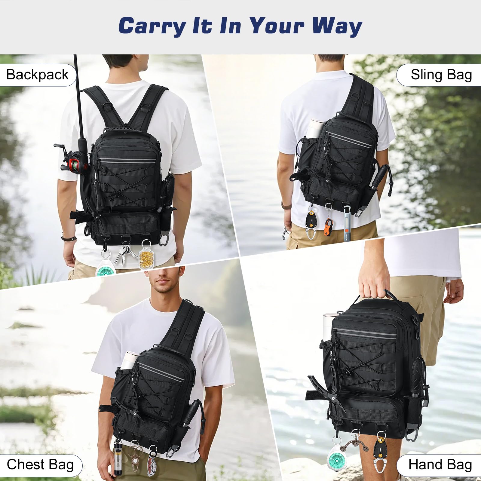 MoKo Sac à dos de pêche avec support pour canne à pêche et équipement, sac de rangement des accessoires en nylon imperméable pour le camping, la randonnée, la chasse, Noir