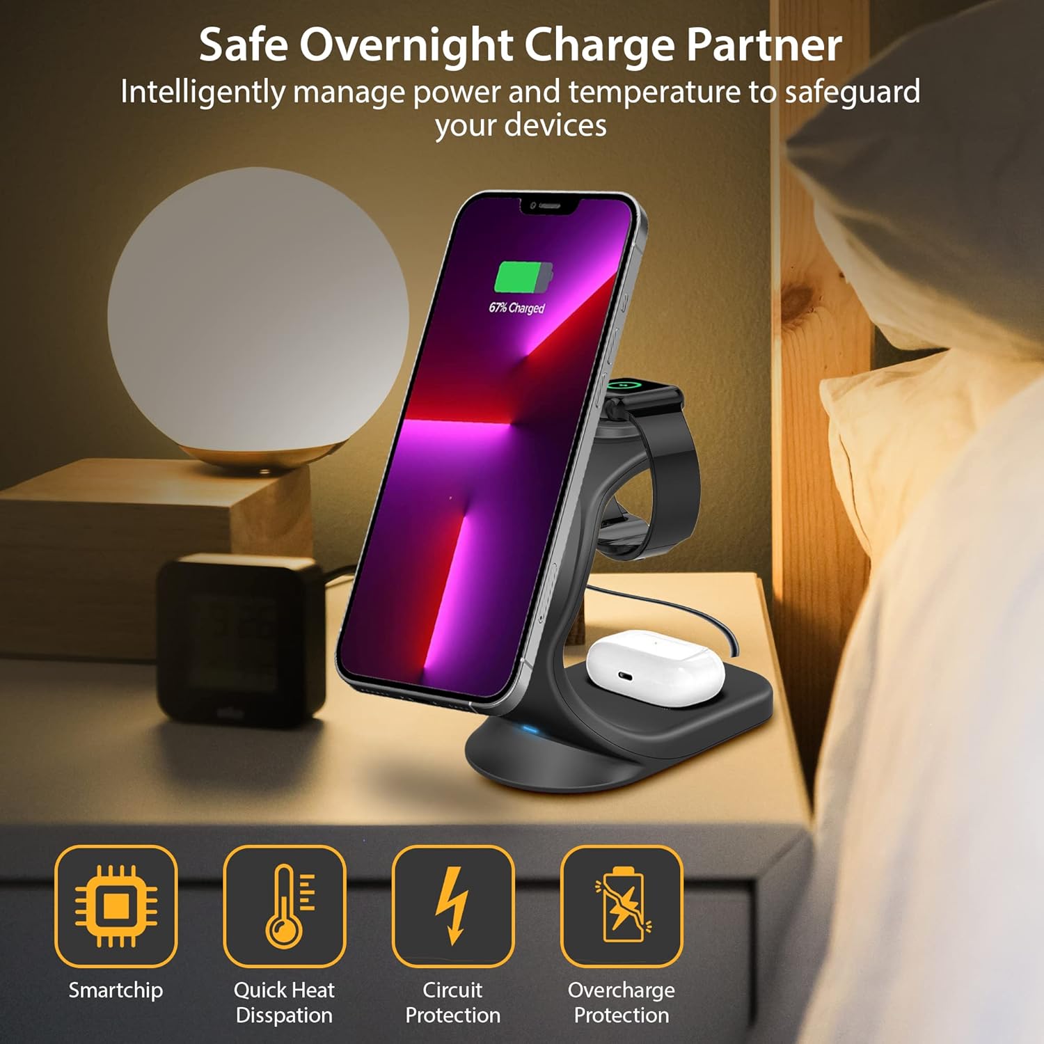 3 in 1 Magsafe Compatible Wireless Charging Station for iPhone 16/15/14/13 /12/12Pro/12Pro Max/12Mini, iWatch 10/9/8/7/6, AirPods 2/Pro, Compatible with MagSafe Cases (QC 3.0 Adapter Included)