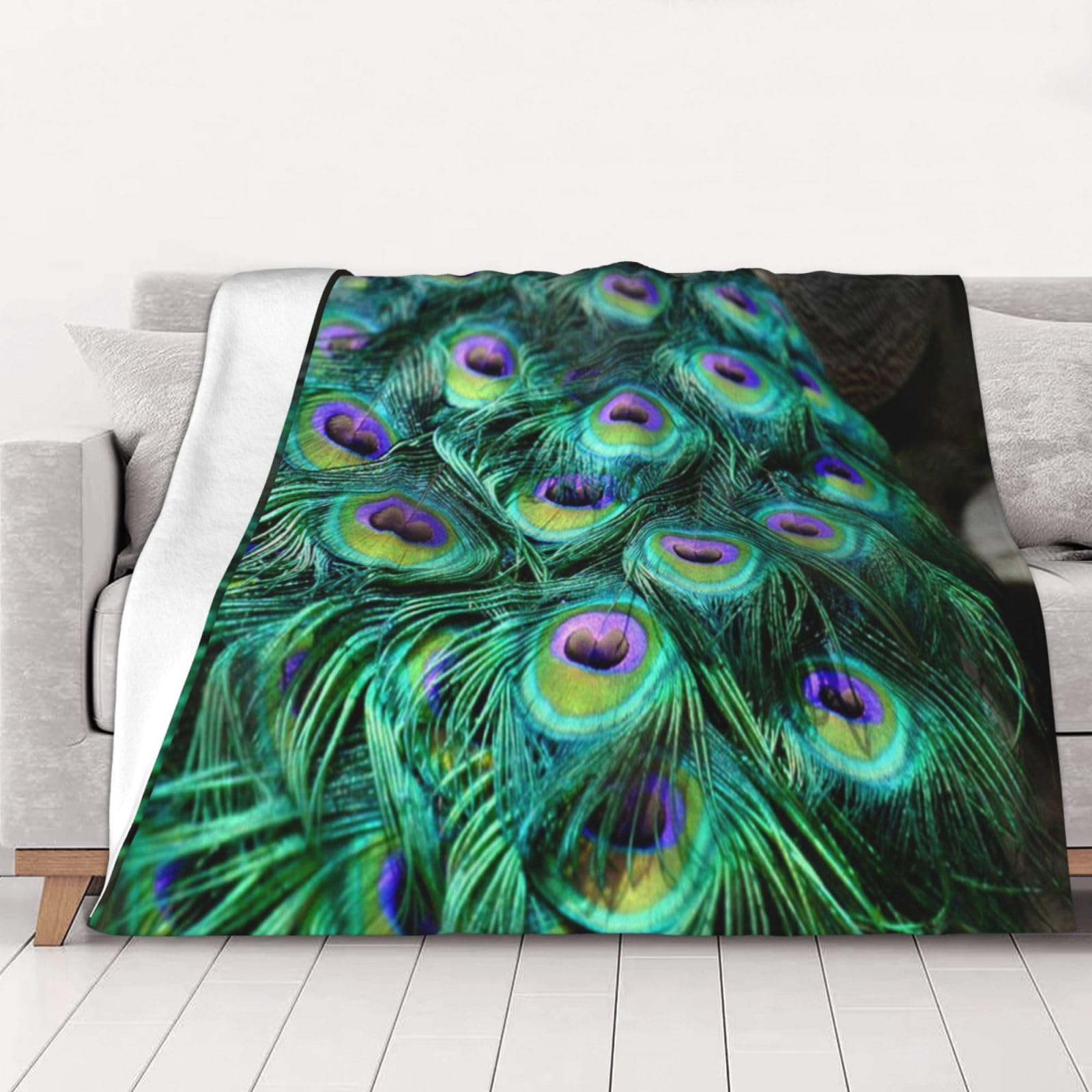 AUBKFELD Green Peacock Feather Printed Flannel Blanket 150x125 CM, Soft & Warm Throw Blanket for Sofa/Couch/Bed/Car, Gifts for Audlts Women Men