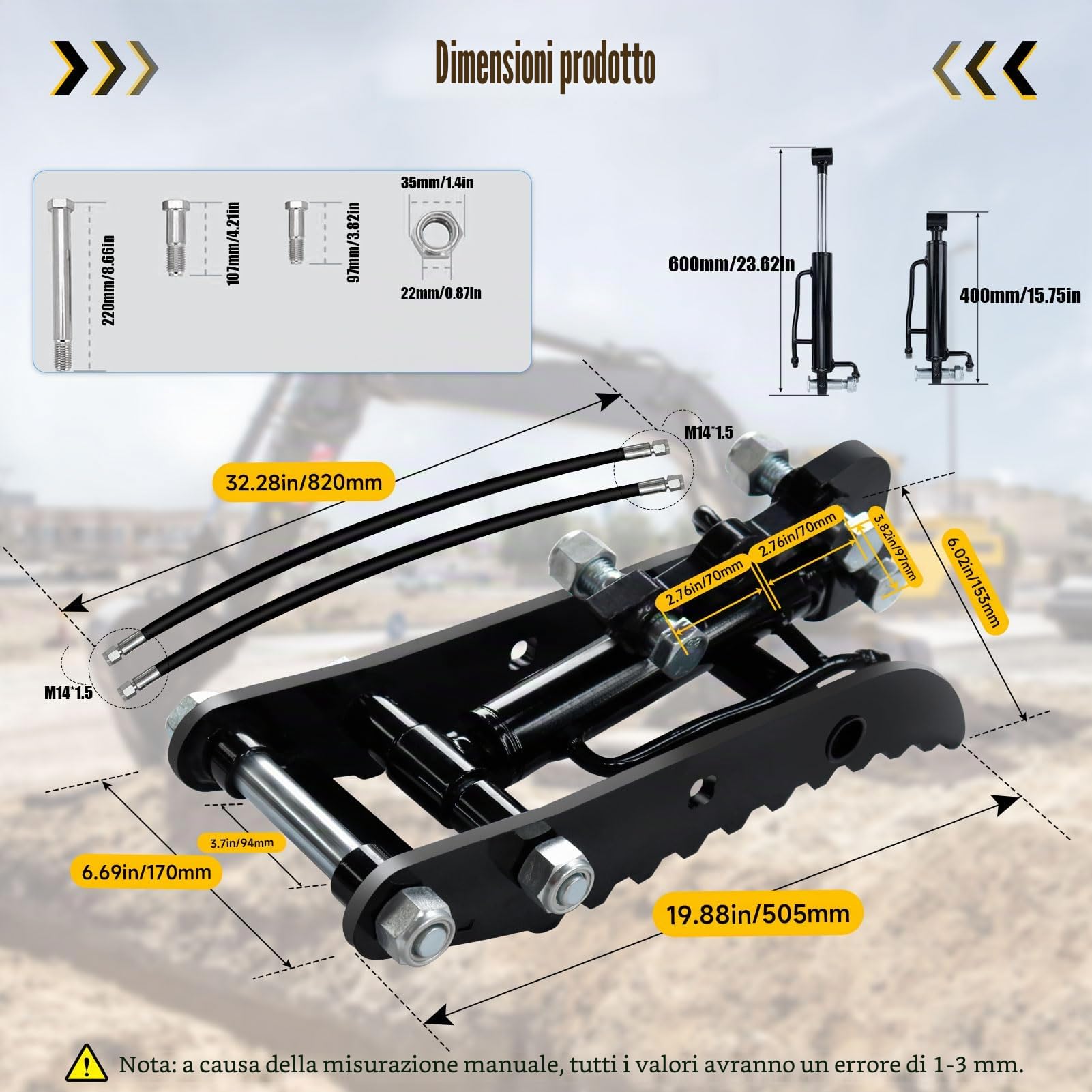 Pollice Escavatore per Mini Escavatore, Attacco per Escavatore Pollice Idraulico, Morsetto per Escavatori a tre fori con 2 tubi e viti M14, supporto a forma di L
