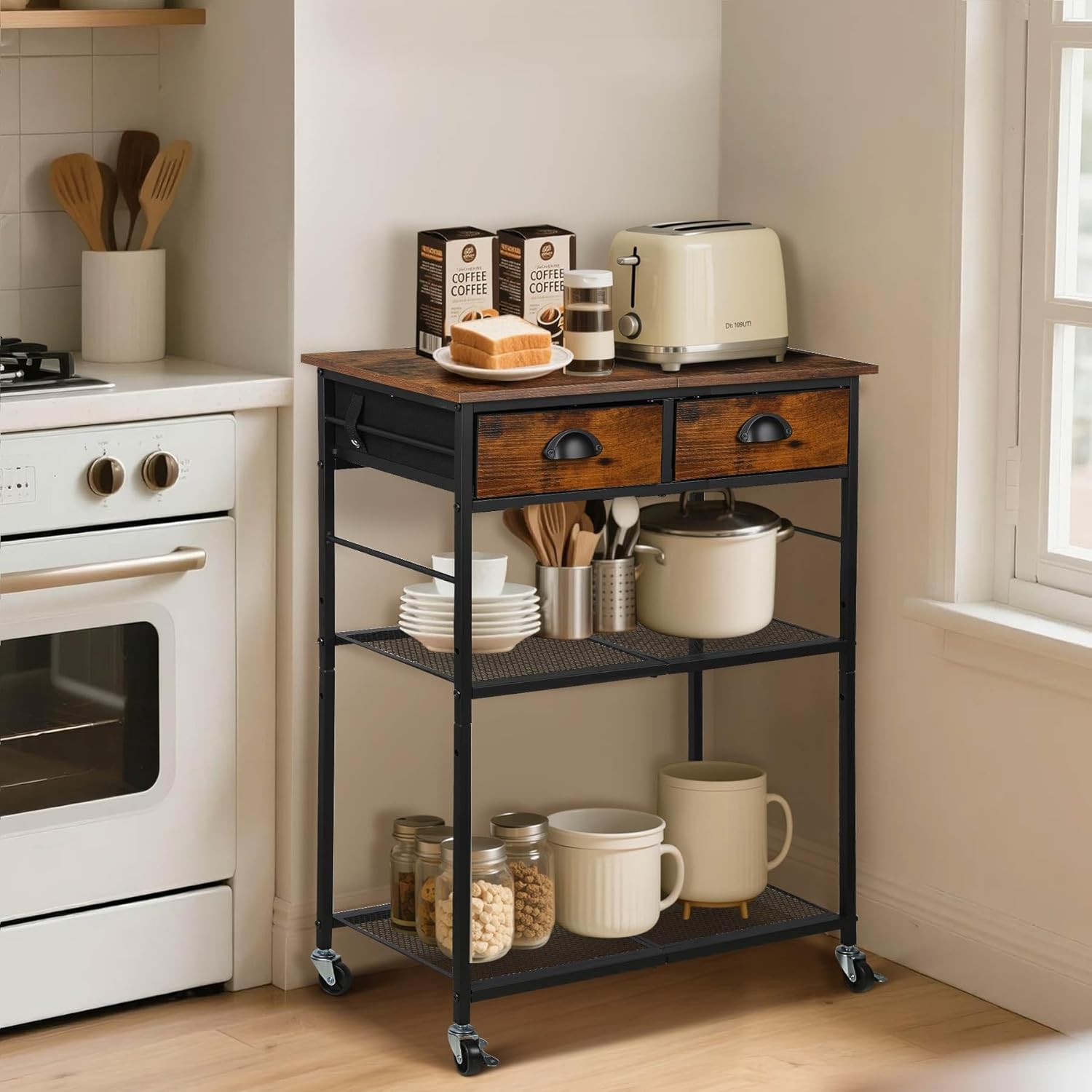 Rolling Coffee Cart with Storage Drawers, Small Coffee Bar Cabinet with Adjustable Shelf and Wheels, Retro Industrial Buffet Sideboard Cabinet for Kitchen, Office, Rustic Brown