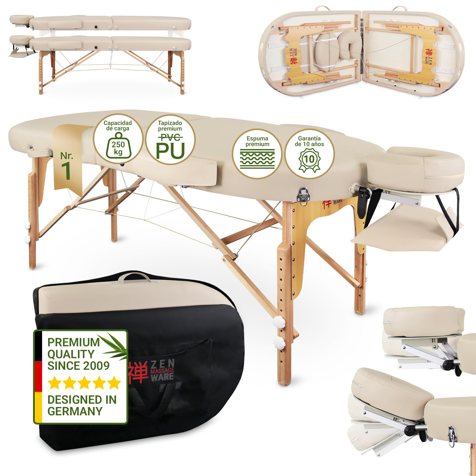 Zen – Camilla Masaje Plegable Ovalada de Altura Regulable - Camilla estetica de Madera Maciza con Esquinas Redondeadas - Camilla Plegable con reposacabezas, reposabrazos y Bolsa Crema