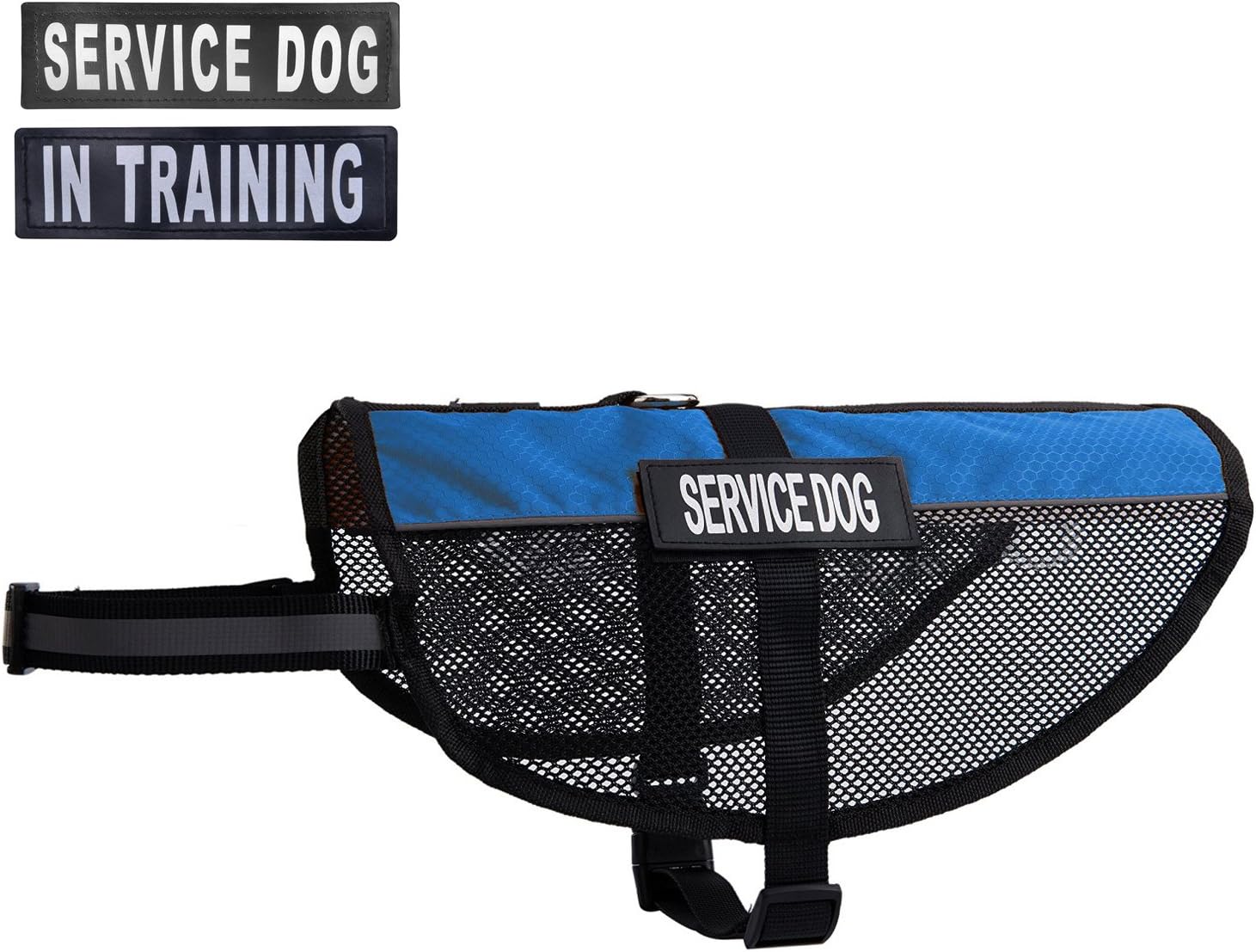 BINGPET Mesh Reflective Service Dog Vest Cool Comfort Harness with 2 Free Removable Service Dog and 2 "in Training Patches Blue L