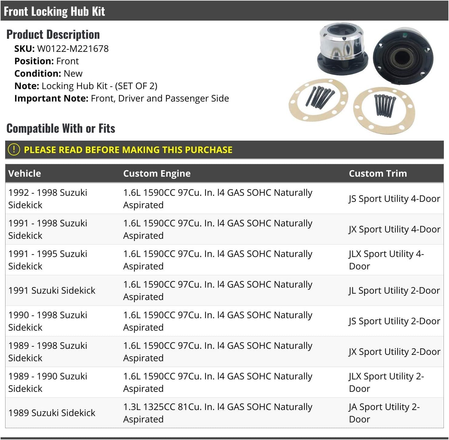 Front Locking Hub Kit - Set of 2 - Compatible with 1989-1998 Suzuki Sidekick
